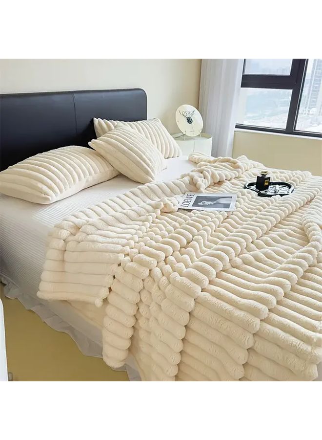 Cream White Faux Fur Plush Blanket 70x100cm Double Sided Fleece All Season Bedspread Throw - Image 2